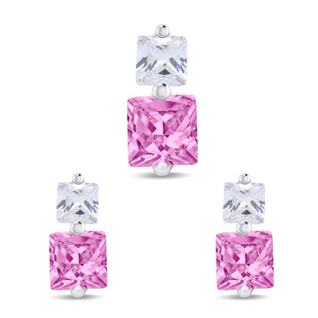 Pendant Earring Jewelry Set Princess Simulated Pink CZ 925 Sterling Silver